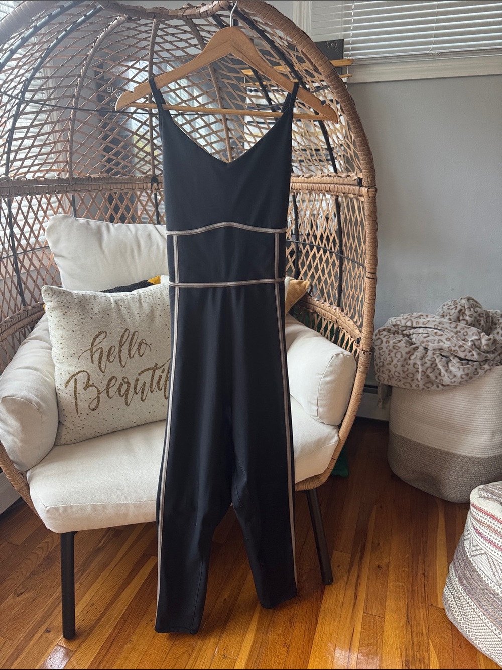 Black Spaghetti-Strap One-Piece Bodysuit with Cream Contrast Trim